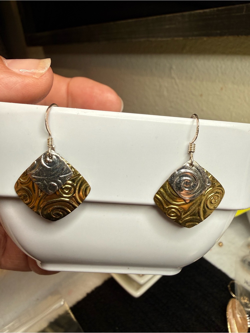 Two-Tone Swirl Square Drop Earrings - Gold & Silver